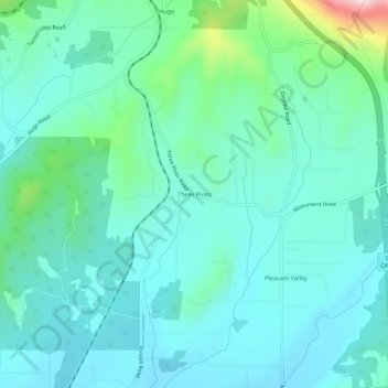 Mapa topográfico Three Pines, altitude, relevo