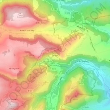Mapa topográfico Roussat, altitude, relevo