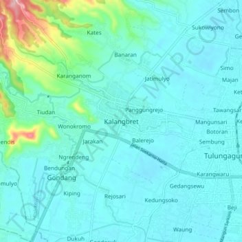 Mapa topográfico Kalangbret, altitude, relevo