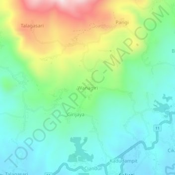 Mapa topográfico Wanagiri, altitude, relevo