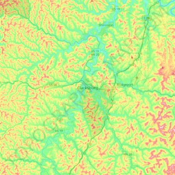 Mapa topográfico Clarksburg, altitude, relevo