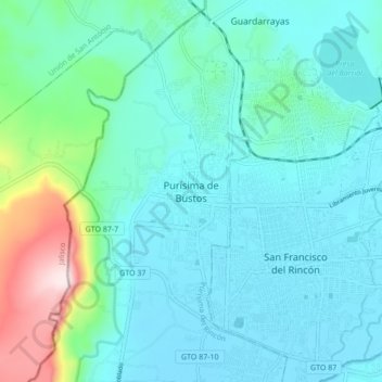 Mapa topográfico Purísima de Bustos, altitude, relevo