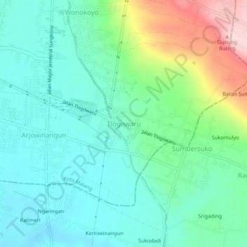 Mapa topográfico Tlogowaru, altitude, relevo