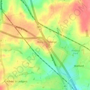 Mapa topográfico Watford Gap, altitude, relevo