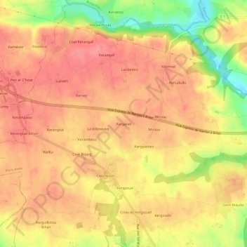Mapa topográfico Kerganet, altitude, relevo