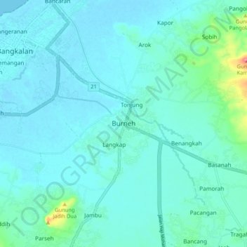 Mapa topográfico Burneh, altitude, relevo