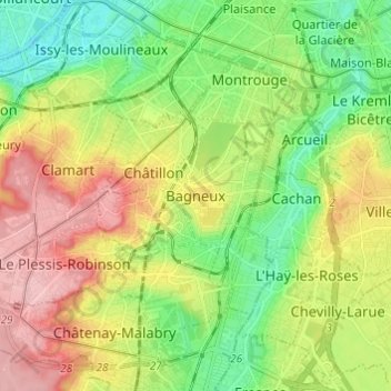 Mapa topográfico Bagneux, altitude, relevo