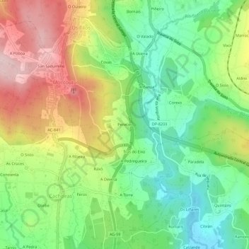 Mapa topográfico Penelas, altitude, relevo