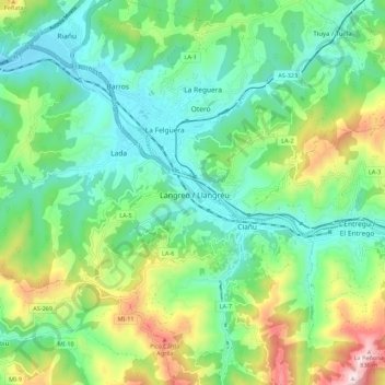 Mapa topográfico Langreo, altitude, relevo