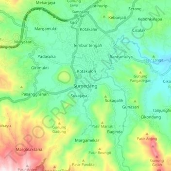 Mapa topográfico Sumedang, altitude, relevo
