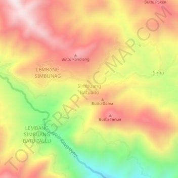 Mapa topográfico Simbuang Batuallo, altitude, relevo