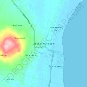 Mapa topográfico Labuhan Maringgai, altitude, relevo