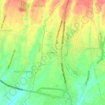 Mapa topográfico Mengwi, altitude, relevo