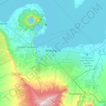Mapa topográfico Managua, altitude, relevo