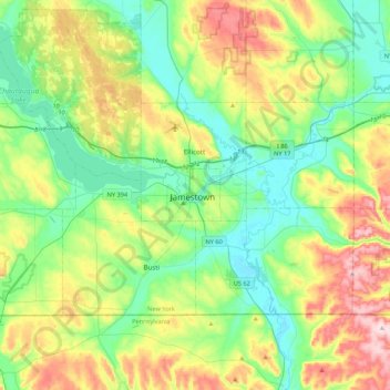 Mapa topográfico Jamestown, altitude, relevo