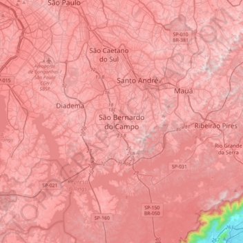 Mapa topográfico São Bernardo do Campo, altitude, relevo