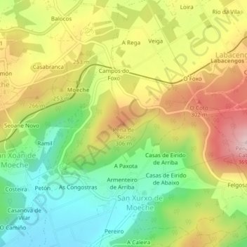 Mapa topográfico Pena de Xacín, altitude, relevo