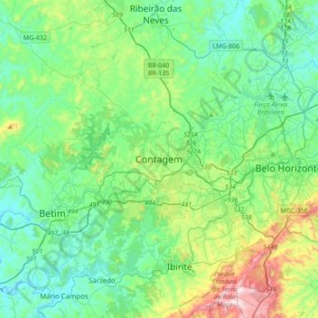 Mapa topográfico Contagem, altitude, relevo