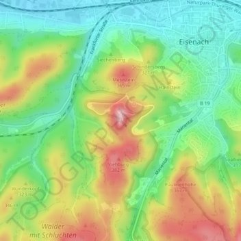 Mapa topográfico Wartburg, altitude, relevo