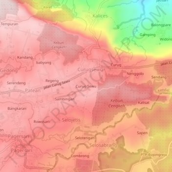 Mapa topográfico Curug Sewu, altitude, relevo