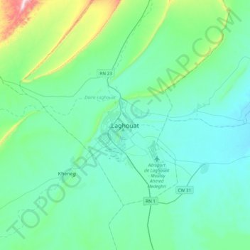 Mapa topográfico Laghouat, altitude, relevo