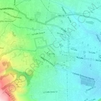Mapa topográfico Zona 9, altitude, relevo