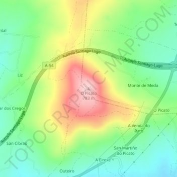 Mapa topográfico O Picato, altitude, relevo