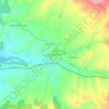 Mapa topográfico Torres del Obispo, altitude, relevo