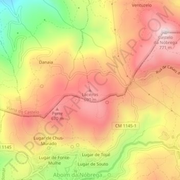 Mapa topográfico Laceiras, altitude, relevo