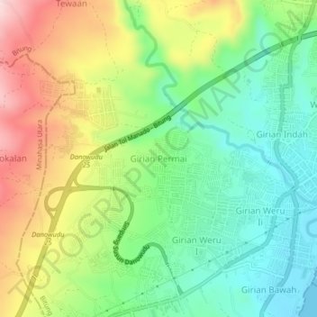 Mapa topográfico Girian Permai, altitude, relevo