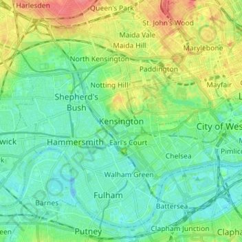 Mapa topográfico Kensington, altitude, relevo