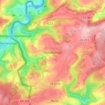 Mapa topográfico Wolwelange, altitude, relevo