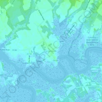 Mapa topográfico Greenwich, altitude, relevo