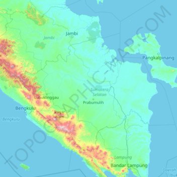 Mapa topográfico South Sumatra, altitude, relevo
