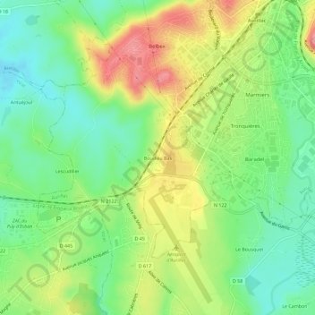 Mapa topográfico Boudieu Bas, altitude, relevo