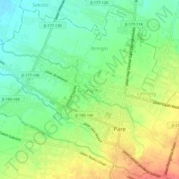 Mapa topográfico Tulungrejo, altitude, relevo