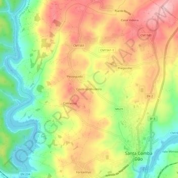 Mapa topográfico Couto do Mosteiro, altitude, relevo
