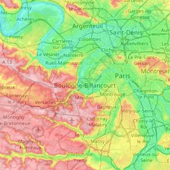 Mapa topográfico Boulogne-Billancourt, altitude, relevo