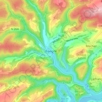 Mapa topográfico Bavigne, altitude, relevo