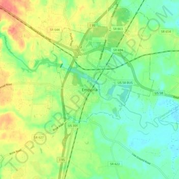 Mapa topográfico Emporia, altitude, relevo