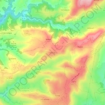 Mapa topográfico Sournac, altitude, relevo