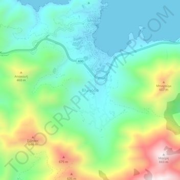 Mapa topográfico Vlichada, altitude, relevo