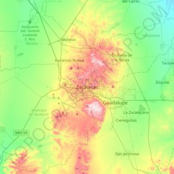 Mapa topográfico Zacatecas City, altitude, relevo