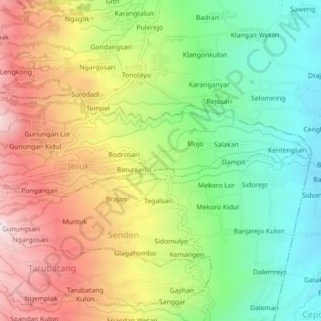 Mapa topográfico Gondang, altitude, relevo