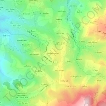 Mapa topográfico Les Raymondes, altitude, relevo