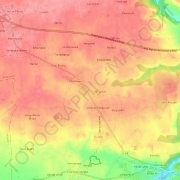 Mapa topográfico Kergazuel, altitude, relevo
