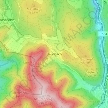 Mapa topográfico Bernbach, altitude, relevo