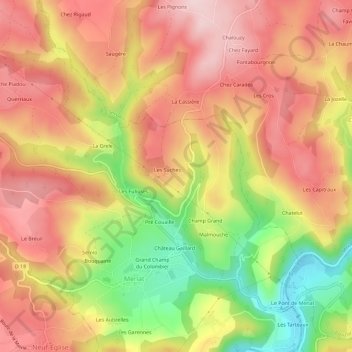 Mapa topográfico Lachaux, altitude, relevo