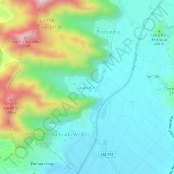 Mapa topográfico Guayabo, altitude, relevo