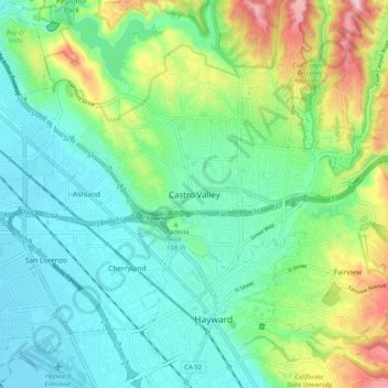 Mapa topográfico Castro Valley, altitude, relevo